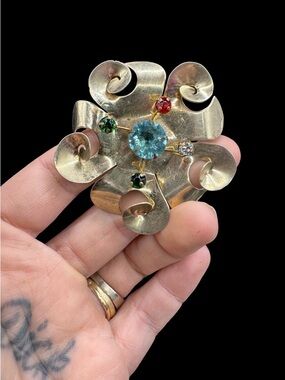 Vintage 1950s Art Deco Sterling Silver Gold Plated Rhinestine Modernist Brooch